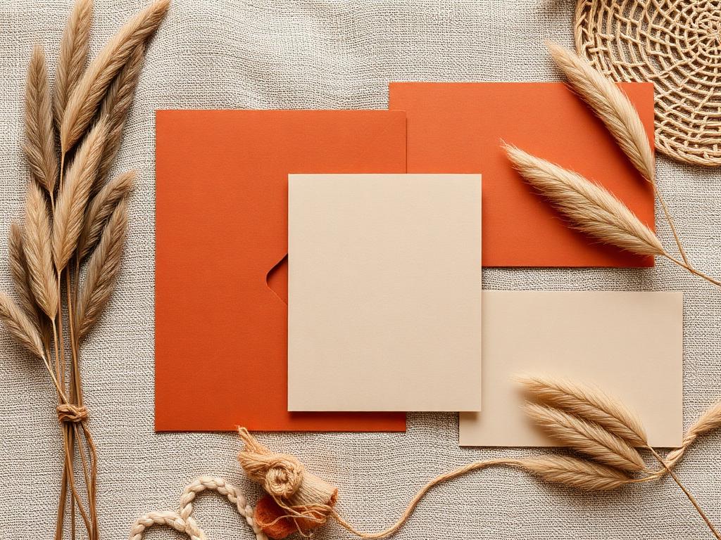 Boho stationery: terracotta cards, pampas grass, woven and linen textures