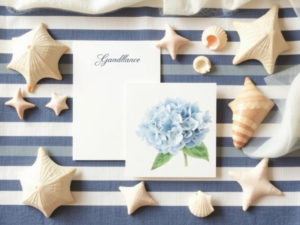 Coastal stationery: navy and white stripes, watercolour hydrangea card, shells