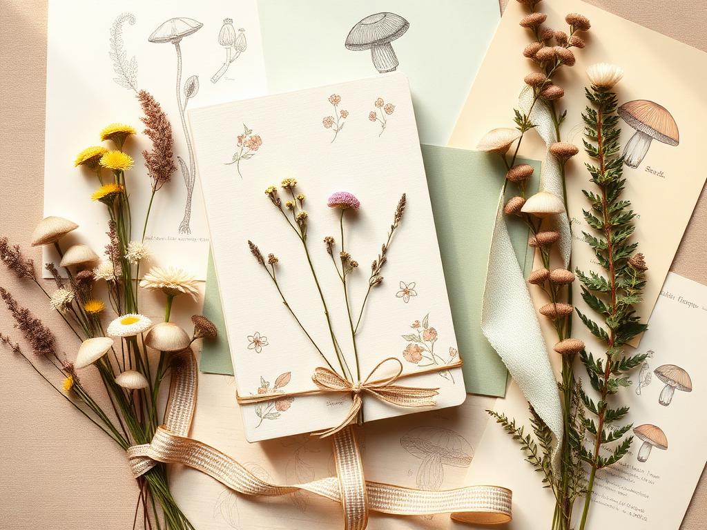 Cottagecore stationery: floral notebook, pressed wildflowers, muted sage and cream paper