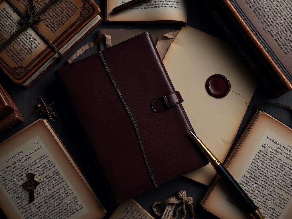 Dark academia stationery: leather journal, wax seal, fountain pen, aged books
