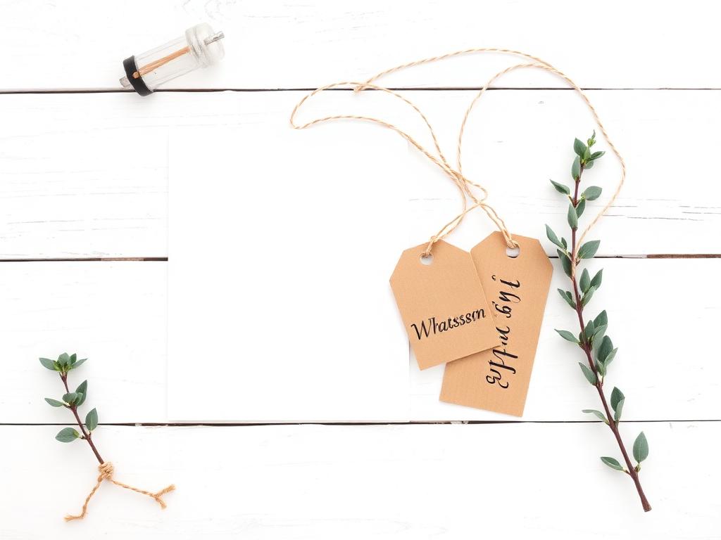 Farmhouse rustic stationery: kraft tags with twine on white painted wood