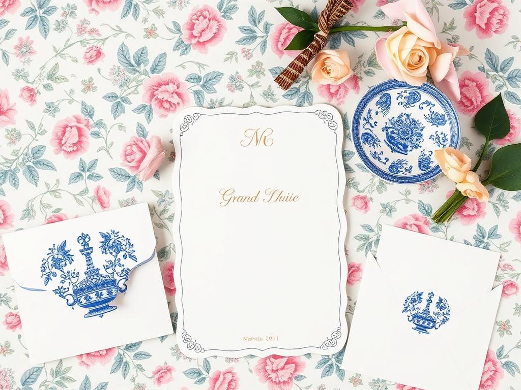 Grandmillennial stationery: chintz floral, blue and white china motifs, scalloped monogram card