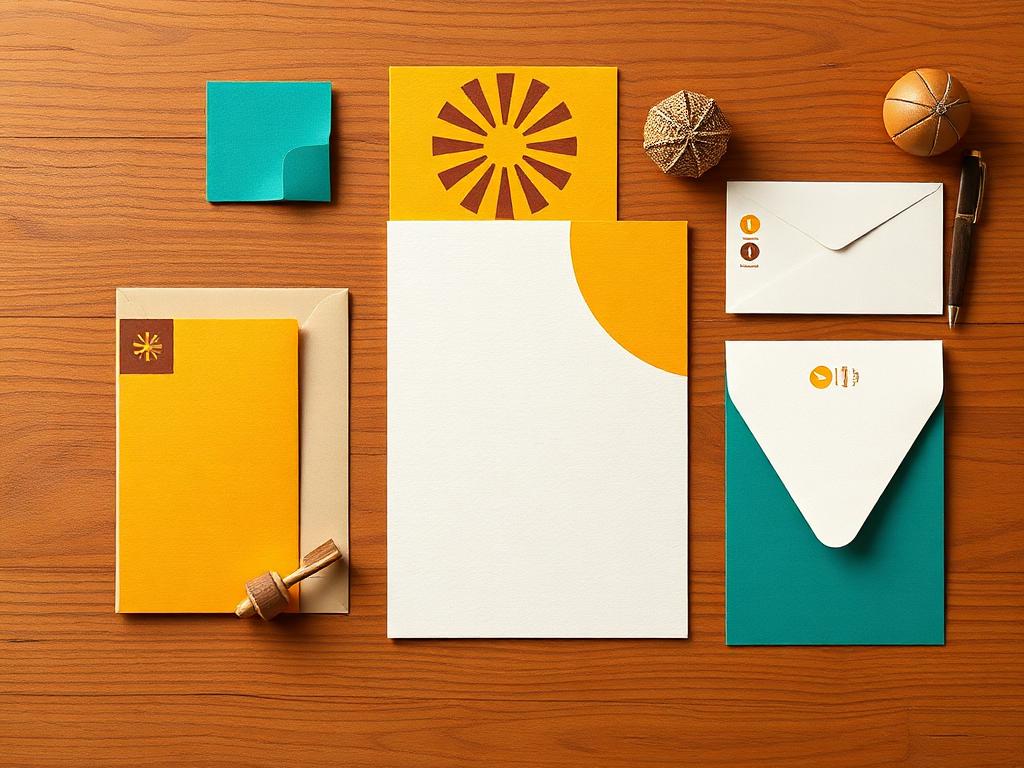 Mid-century modern stationery: teal and mustard geometric cards on walnut wood