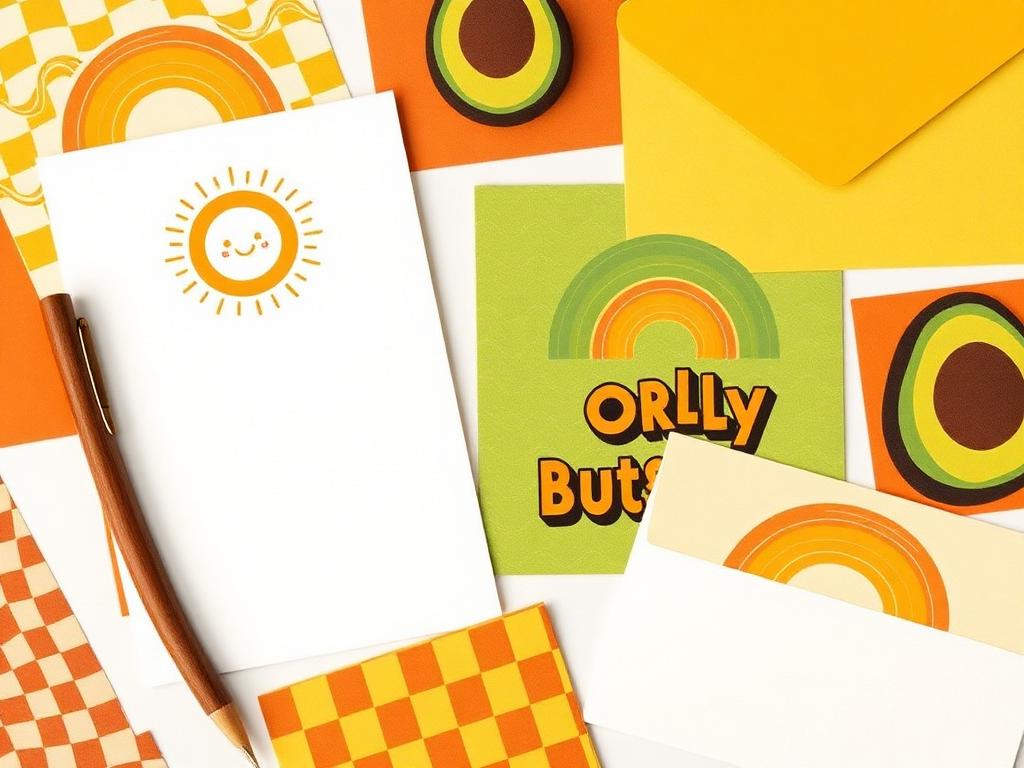 Retro 70s stationery: mustard and orange checkerboard, smiling sun, rainbow arcs