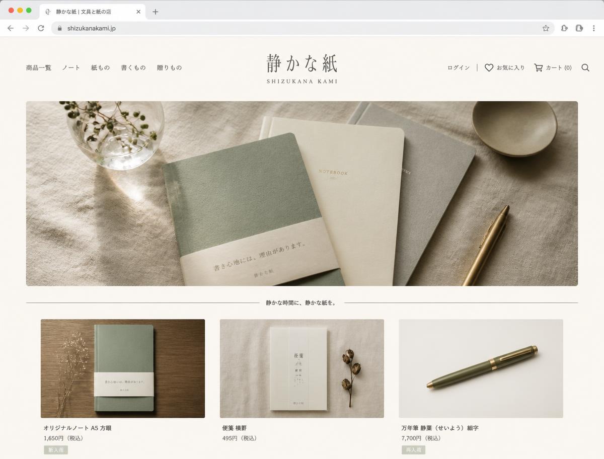 静かな紙スタイルのShopifyストア例