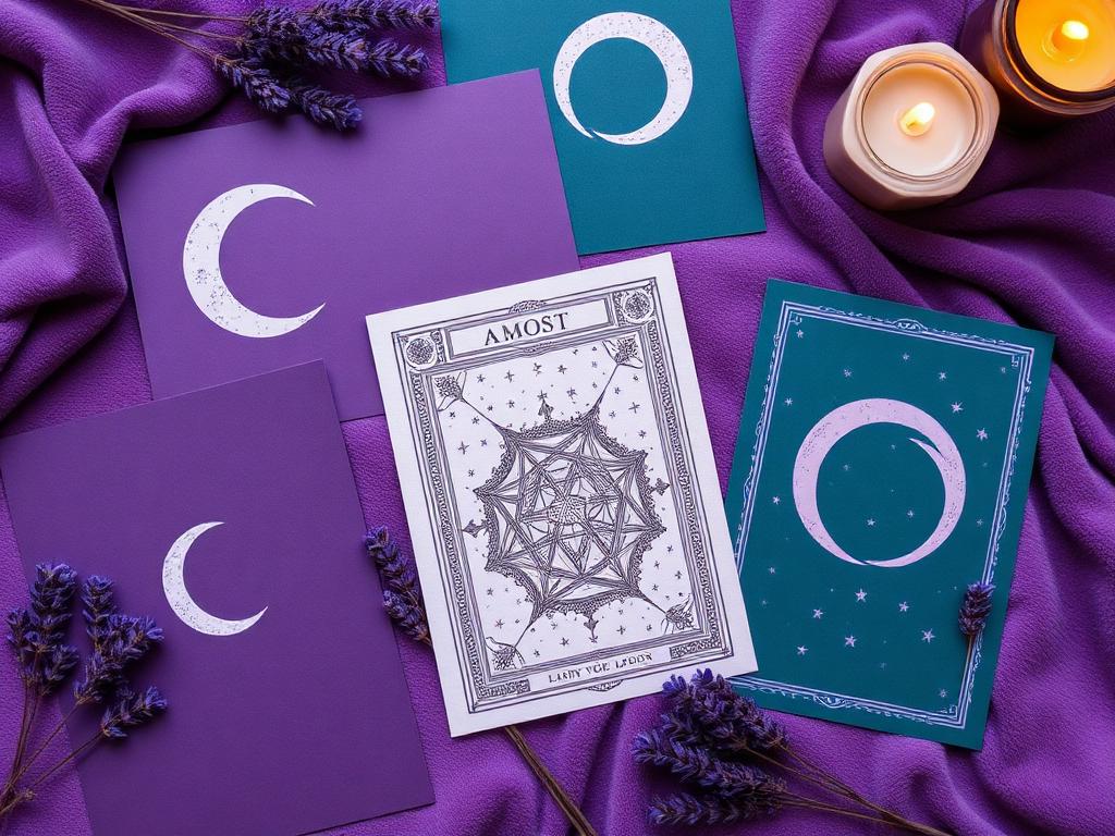 Whimsigoth stationery: crescent moon cards, tarot motifs, purple and teal, candlelight