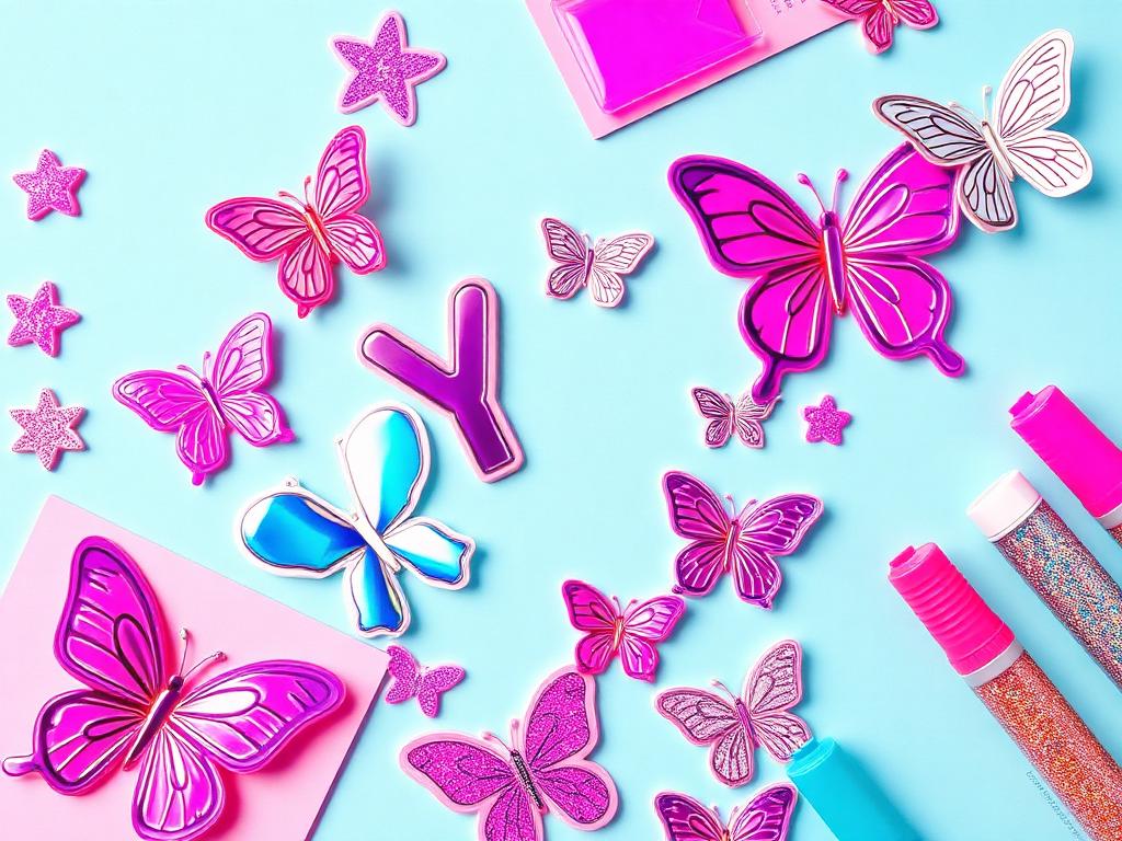 Y2K stationery: holographic butterfly stickers, hot pink and cyan, glitter pens